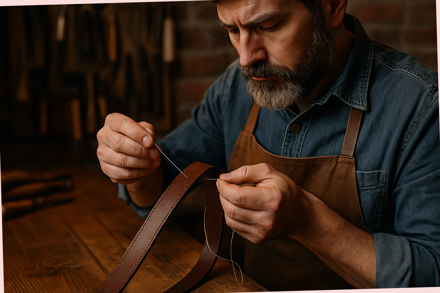 artisan stitching a bridle leather strap by hand