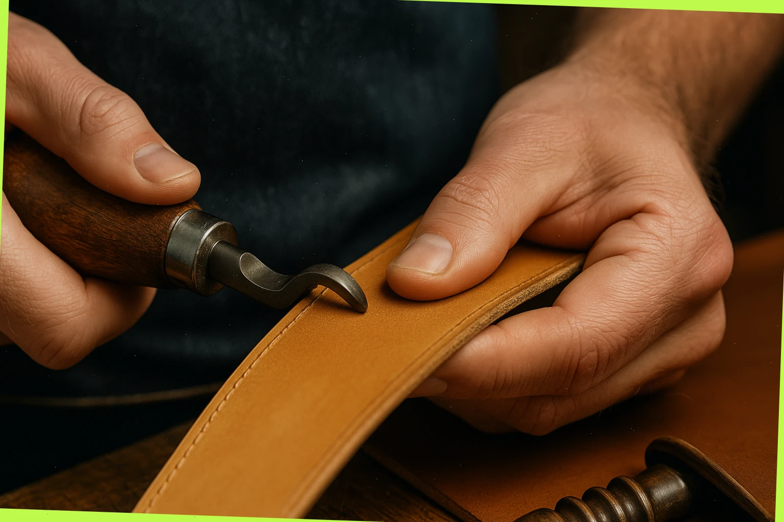 edge bevel and burnish close-up on natural tan leather