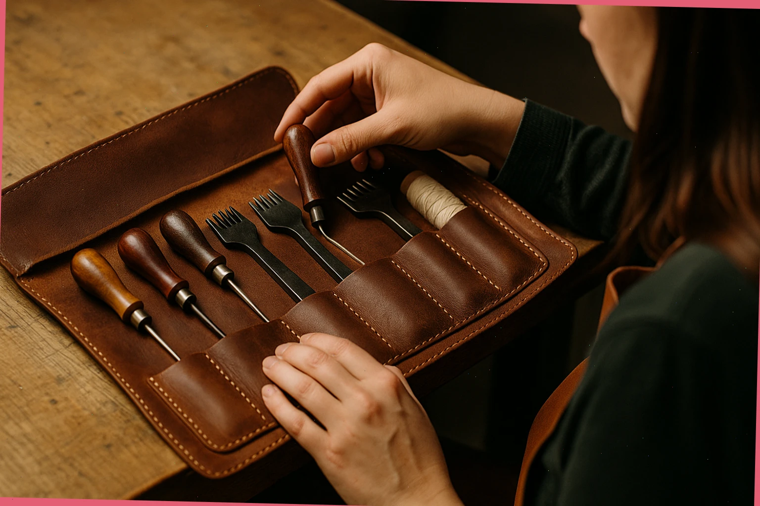 tool roll with awls, pricking irons and thread