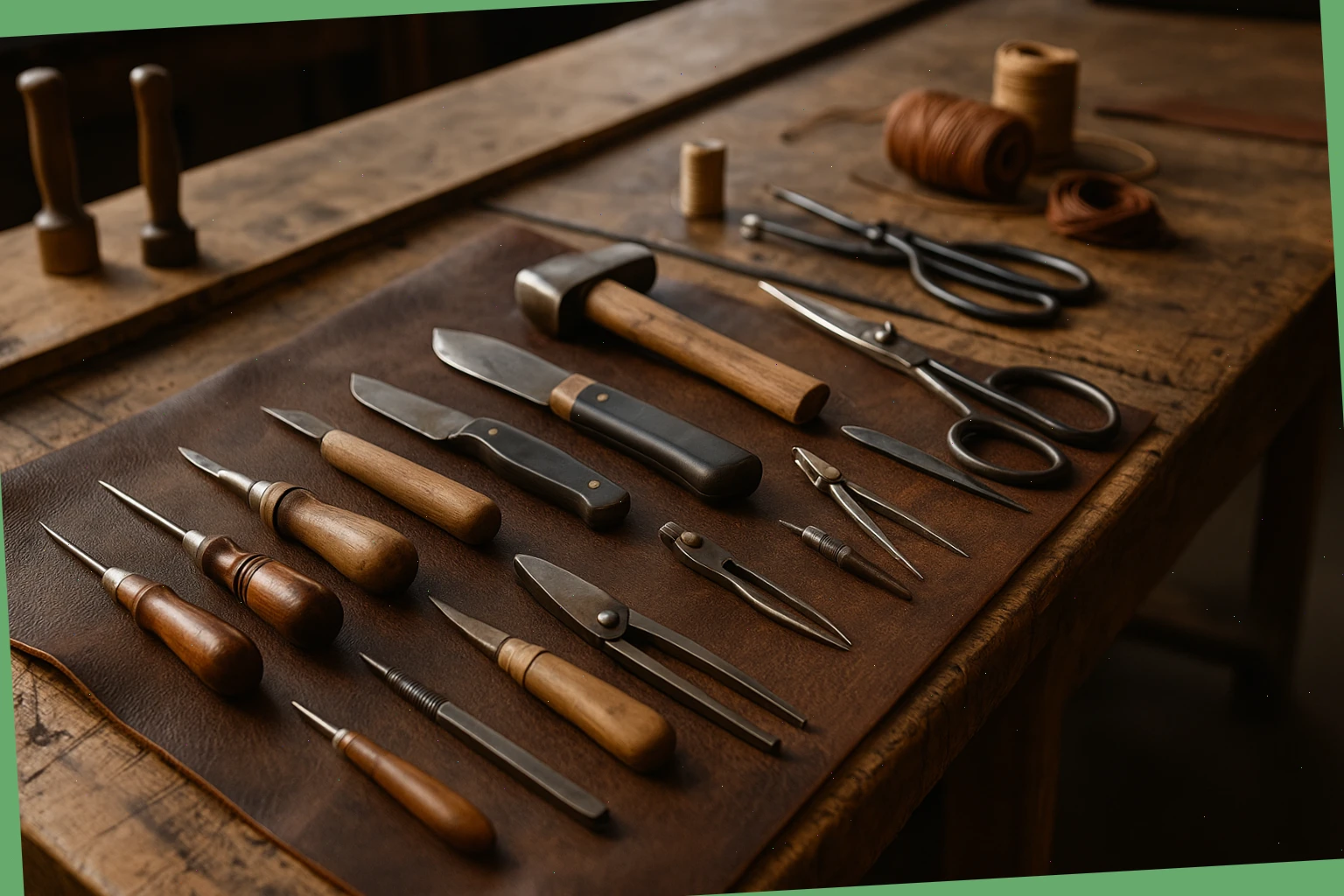 leather tools laid out on a Durham workbench